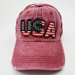 Patriotic USA Embroidered Patch Ponytail Hat Cap Mesh Net Stars Red Relaxed Cot